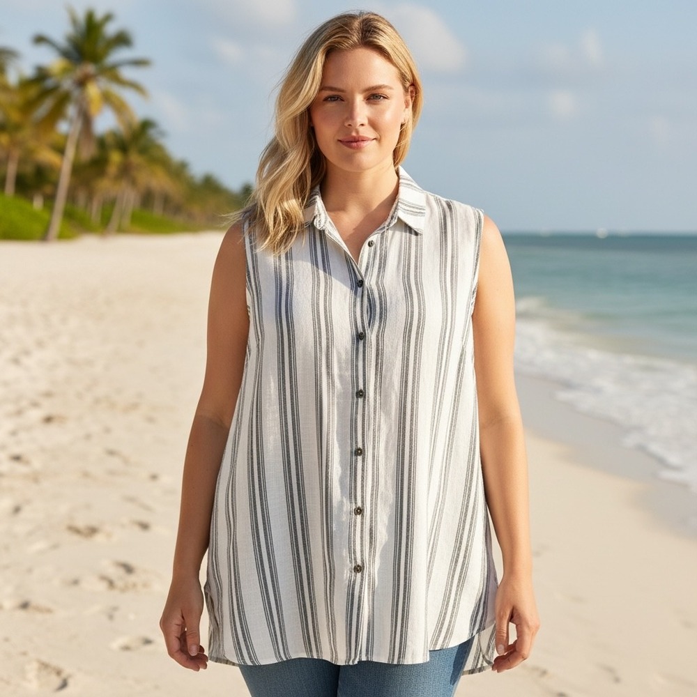 Chico's No Iron Linen Blend Striped Sleeveless Button Up Shirt Top Plus Size